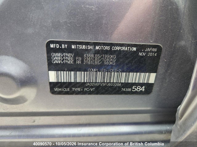 40090570 :رقم المزاد ، JA32V6FV5FU603204 vin ، 2015 Mitsubishi Lancer Ralliart مزاد بيع