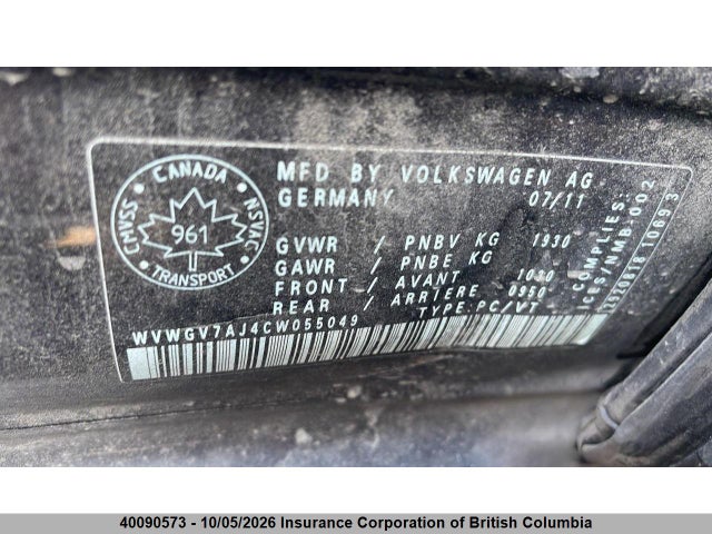 40090573 :رقم المزاد ، WVWGV7AJ4CW055049 vin ، 2012 Volkswagen Gti مزاد بيع