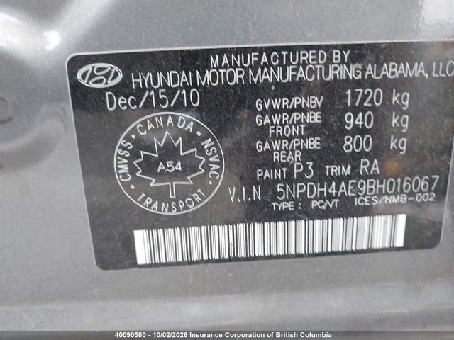 40090580 :رقم المزاد ، 5NPDH4AE9BH016067 vin ، 2011 Hyundai Elantra Gls/limited مزاد بيع