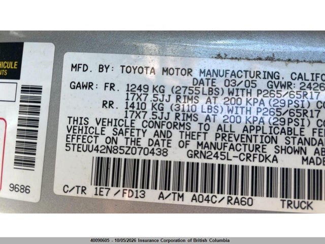 40090605 :رقم المزاد ، 5TEUU42N85Z070438 vin ، 2005 Toyota Tacoma Access Cab مزاد بيع
