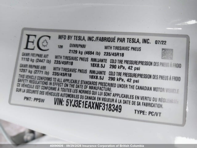 Tesla MODEL 3 2022 5YJ3E1EAXNF318349 Image 9