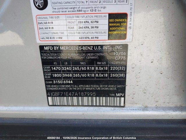 Aukcja sprzedaży 2007 Mercedes-benz Gl 450 4matic, vin: 4JGBF71E47A187995, numer aukcji: 40086184