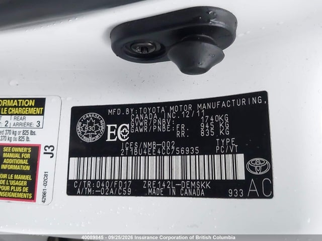 Продаж на аукціоні авто 2012 Toyota Corolla S/le, vin: 2T1BU4EE4CC756935, номер лоту: 40089845
