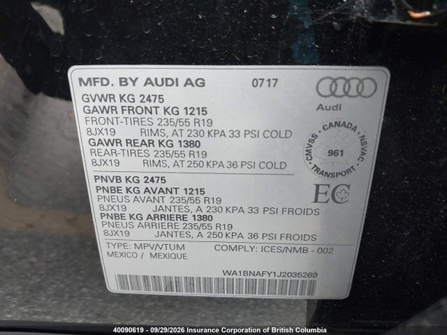 Aukcja sprzedaży 2018 Audi Q5, vin: WA1BNAFY1J2035269, numer aukcji: 40090619