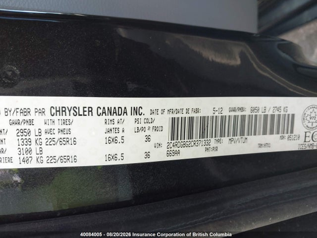 40084005 :رقم المزاد ، 2C4RDGBG2CR371332 vin ، 2012 Dodge Grand Caravan Se مزاد بيع