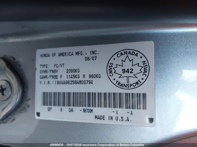 40090630 :رقم المزاد ، 19UUA66258A800794 vin ، 2008 Acura Tl مزاد بيع