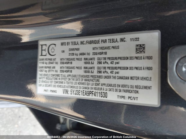 5YJ3E1EA9PF411530 Tesla MODEL 3