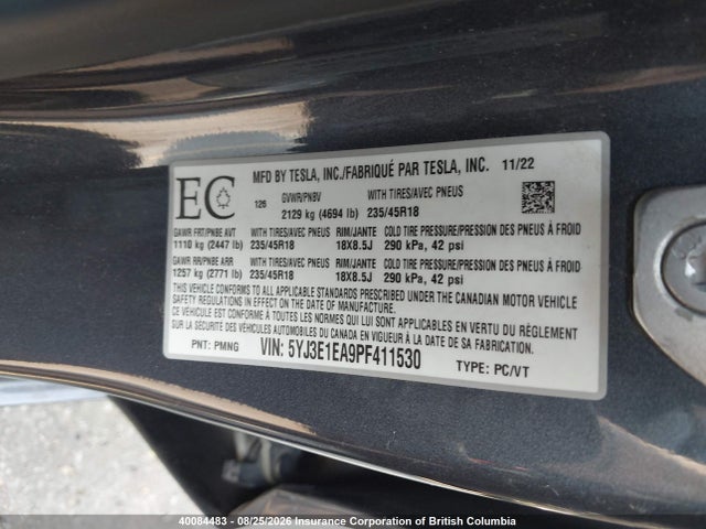 5YJ3E1EA9PF411530 Tesla MODEL 3