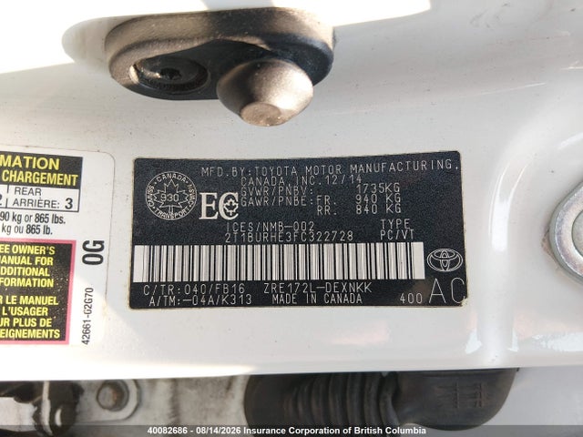 2015 Toyota Corolla L/le/le Pls/prm/s/s Pls მანქანა იყიდება აუქციონზე, vin: 2T1BURHE3FC322728, აუქციონის ნომერი: 40082686