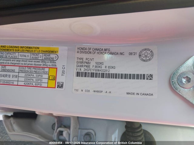 40088454 :رقم المزاد ، 2HGFE1F99NH002812 vin ، 2022 Honda Civic Touring مزاد بيع