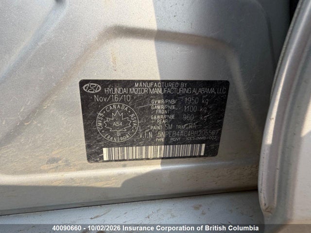 40090660 :رقم المزاد ، 5NPEB4AC4BH205567 vin ، 2011 Hyundai Sonata Gls مزاد بيع