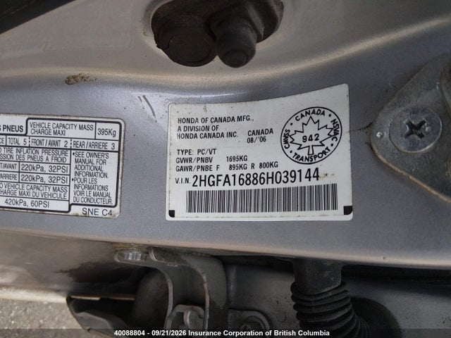 Aukcja sprzedaży 2006 Honda Civic Ex, vin: 2HGFA16886H039144, numer aukcji: 40088804