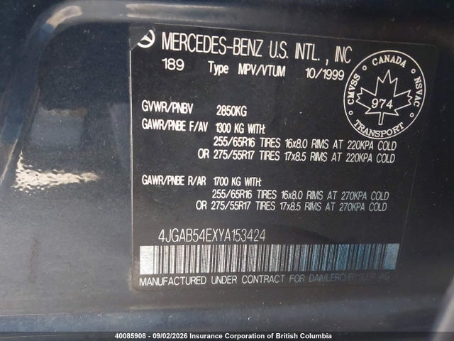 Aukcja sprzedaży 2000 Mercedes-benz Ml 320, vin: 4JGAB54EXYA153424, numer aukcji: 40085908