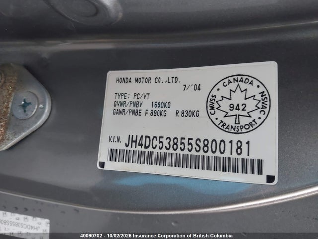 Aukcja sprzedaży 2005 Acura Rsx, vin: JH4DC53855S800181, numer aukcji: 40090702