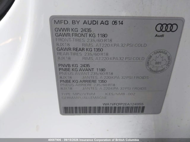 Продажа на аукционе авто 2014 Audi Q5 Prestige, vin: WA1VFCFP2EA124955, номер лота: 40087906