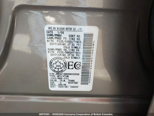 Aukcja sprzedaży 2009 Nissan Murano S/sl/le, vin: JN8AZ18W89W202558, numer aukcji: 40079353