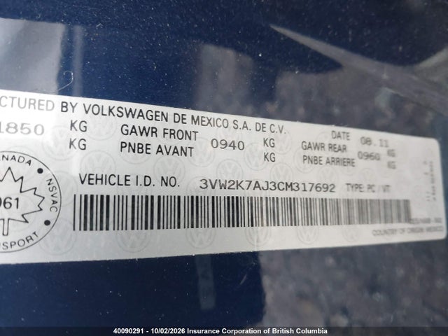 Aukcja sprzedaży 2012 Volkswagen Jetta S, vin: 3VW2K7AJ3CM317692, numer aukcji: 40090291