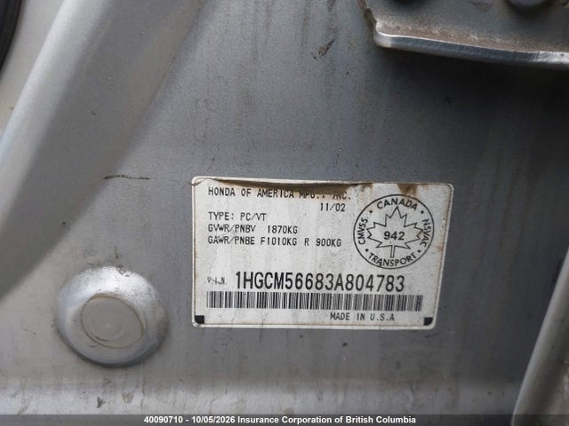 40090710 :رقم المزاد ، 1HGCM56683A804783 vin ، 2003 Honda Accord Sdn Ex مزاد بيع