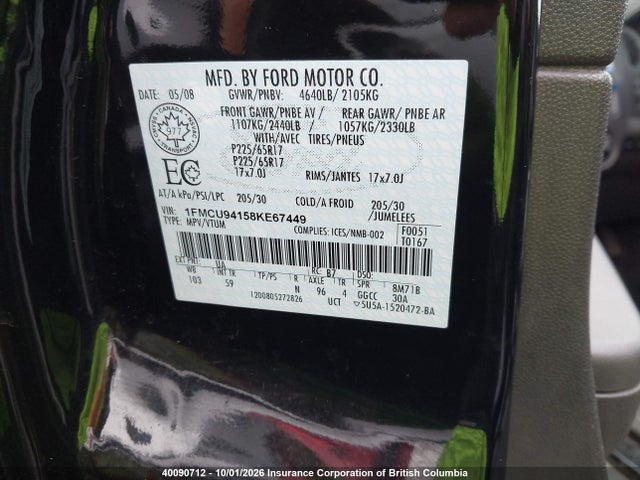 Aukcja sprzedaży 2008 Ford Escape Limited, vin: 1FMCU94158KE67449, numer aukcji: 40090712
