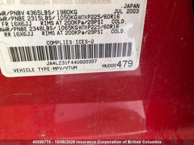 Продаж на аукціоні авто 2004 Mitsubishi Outlander Ls, vin: JA4LZ31F44U600357, номер лоту: 40090718