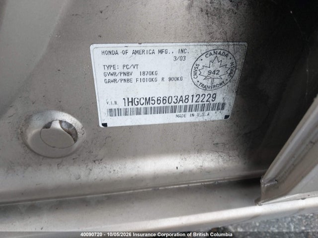 40090720 :رقم المزاد ، 1HGCM56603A812229 vin ، 2003 Honda Accord Ex مزاد بيع