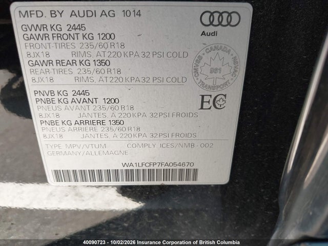 40090723 :رقم المزاد ، WA1LFCFP7FA054670 vin ، 2015 Audi Q5 مزاد بيع