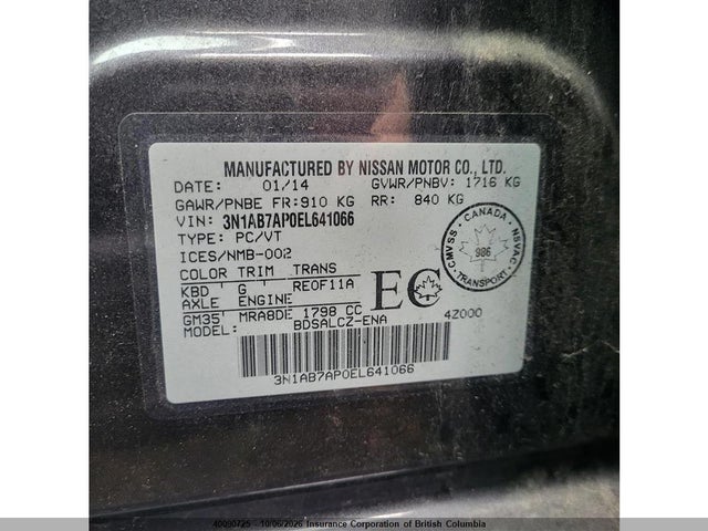 40090725 :رقم المزاد ، 3N1AB7AP0EL641066 vin ، 2014 Nissan Sentra S/sv/sr/sl مزاد بيع