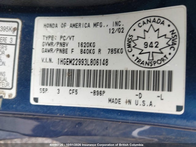 40090726 :رقم المزاد ، 1HGEM22993L806148 vin ، 2003 Honda Civic مزاد بيع