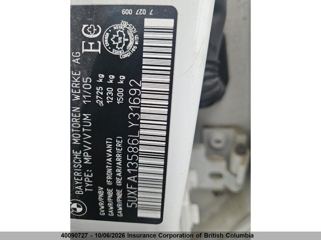 40090727 :رقم المزاد ، 5UXFA13586LY31692 vin ، 2006 Bmw X5 مزاد بيع