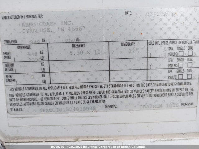 Продаж на аукціоні авто 2002 Thor Aero Trailer, vin: 4PXCC101524039999, номер лоту: 40090736