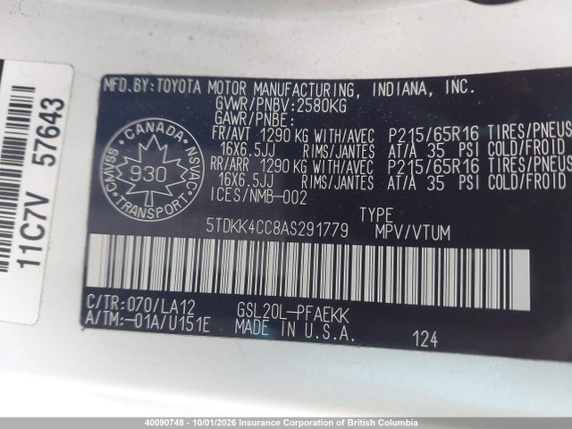 2010 Toyota Sienna Ce/le მანქანა იყიდება აუქციონზე, vin: 5TDKK4CC8AS291779, აუქციონის ნომერი: 40090748