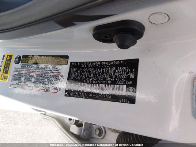 Aukcja sprzedaży 2007 Toyota Camry Ce/le/xle/se, vin: 4T1BE46K47U688710, numer aukcji: 40083555