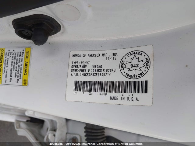 Honda ACCORD EXL 2015 1HGCR2F8XFA805214 Image 9