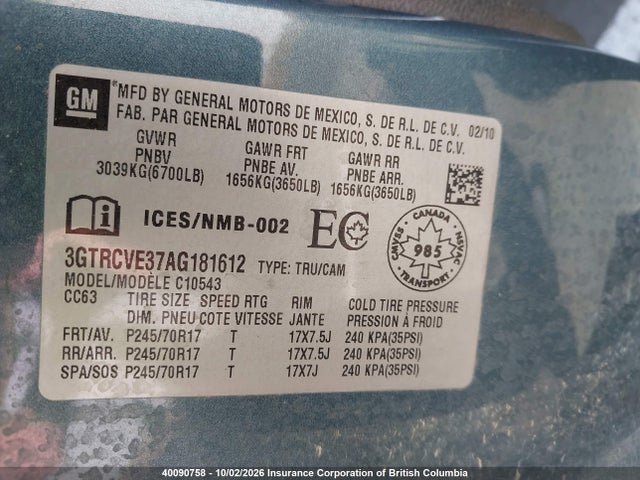 Aukcja sprzedaży 2010 Gmc Sierra C1500 Sle, vin: 3GTRCVE37AG181612, numer aukcji: 40090758