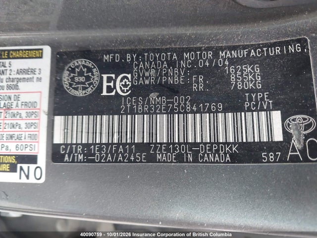 Продажа на аукционе авто 2005 Toyota Corolla Ce/le/sport, vin: 2T1BR32E75C841769, номер лота: 40090759