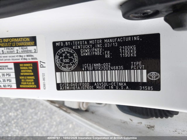 Aukcja sprzedaży 2013 Toyota Camry, vin: 4T1BF1FK7DU246835, numer aukcji: 40090761