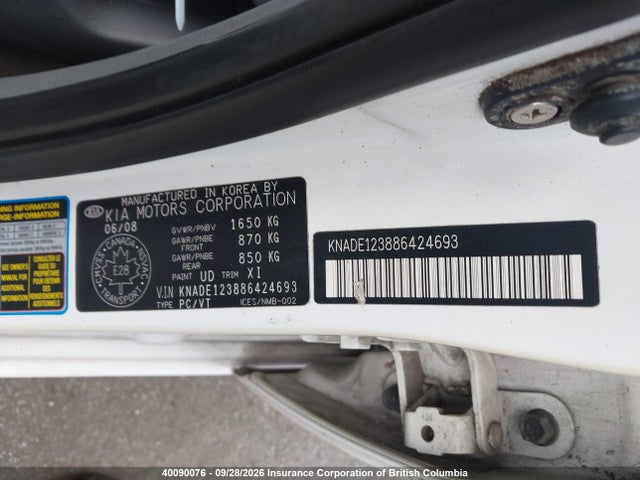 Aukcja sprzedaży 2008 Kia Rio Lx/sx, vin: KNADE123886424693, numer aukcji: 40090076