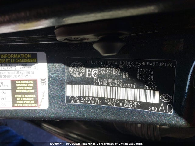 40090774 :رقم المزاد ، 2T1BURHE5JC037571 vin ، 2018 Toyota Corolla L/le/xle/se/xse مزاد بيع