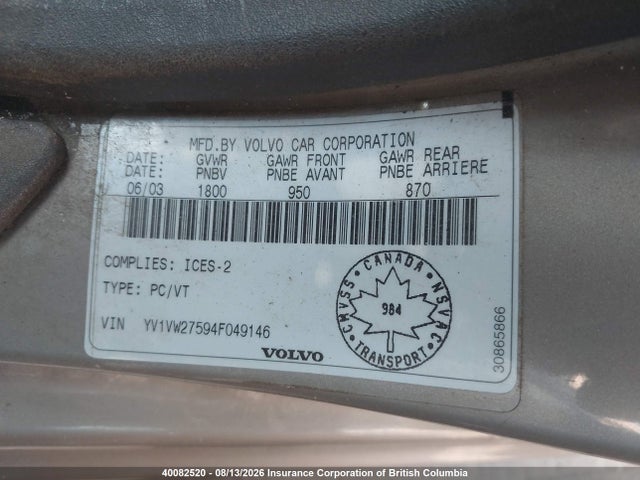 Aukcja sprzedaży 2004 Volvo V40 1.9t, vin: YV1VW27594F049146, numer aukcji: 40082520