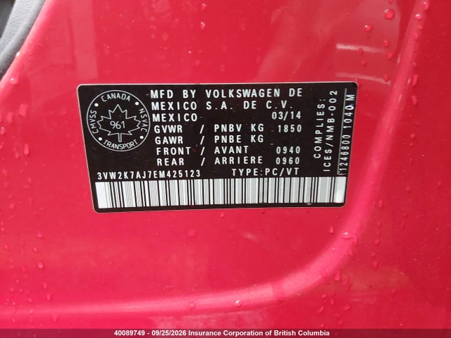 40089749 :رقم المزاد ، 3VW2K7AJ7EM425123 vin ، 2014 Volkswagen Jetta S مزاد بيع