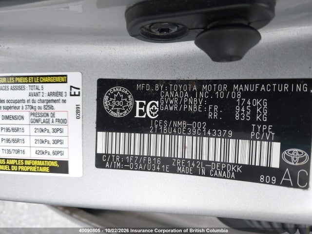 40090805 :رقم المزاد ، 2T1BU40E39C143379 vin ، 2009 Toyota Corolla S/le/xle مزاد بيع