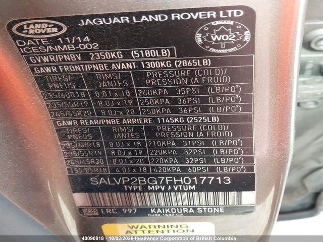 40090818 :رقم المزاد ، SALVP2BG7FH017713 vin ، 2015 Land Rover Range Rover Evoque Pure Plus مزاد بيع