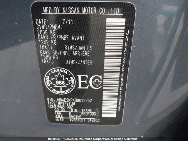 40090830 :رقم المزاد ، JN8AE2KP4B9013252 vin ، 2011 Nissan Quest مزاد بيع