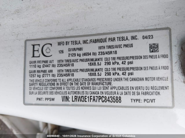 Aukcja sprzedaży 2023 Tesla Model 3, vin: LRW3E1FA7PC843588, numer aukcji: 40090840