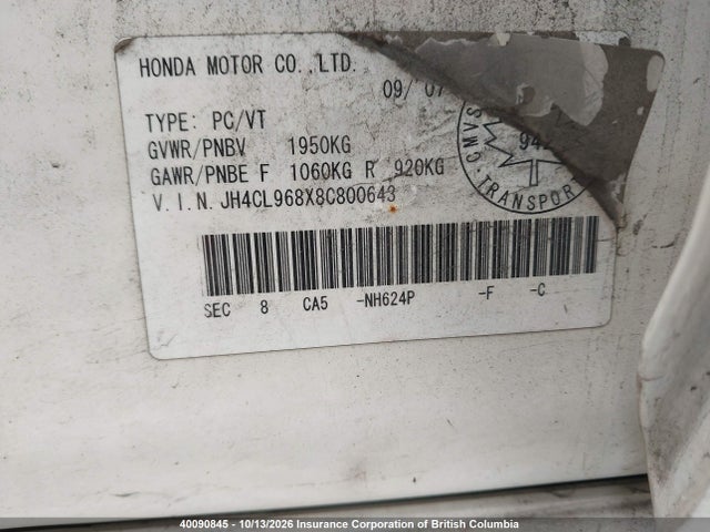 40090845 :رقم المزاد ، JH4CL968X8C800643 vin ، 2008 Acura Tsx مزاد بيع