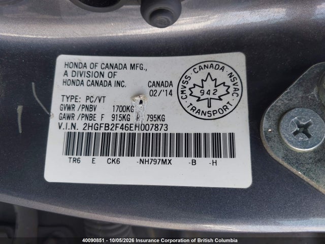 40090851 :رقم المزاد ، 2HGFB2F46EH007873 vin ، 2014 Honda Civic مزاد بيع