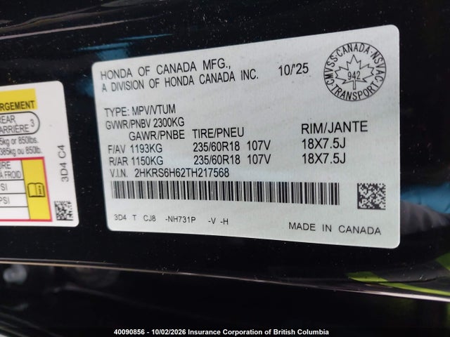 Продаж на аукціоні авто 2026 Honda Cr-v, vin: 2HKRS6H62TH217568, номер лоту: 40090856