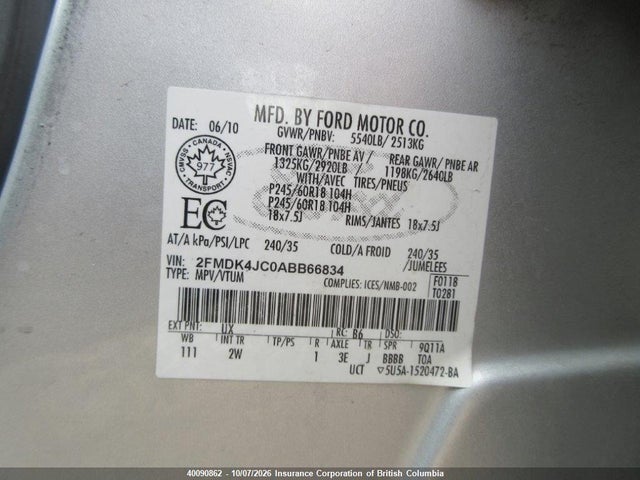 Aukcja sprzedaży 2010 Ford Edge, vin: 2FMDK4JC0ABB66834, numer aukcji: 40090862