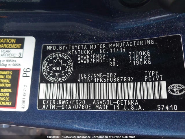 Toyota Camry 2015 4T1BF1FK5FU887887 Image 9