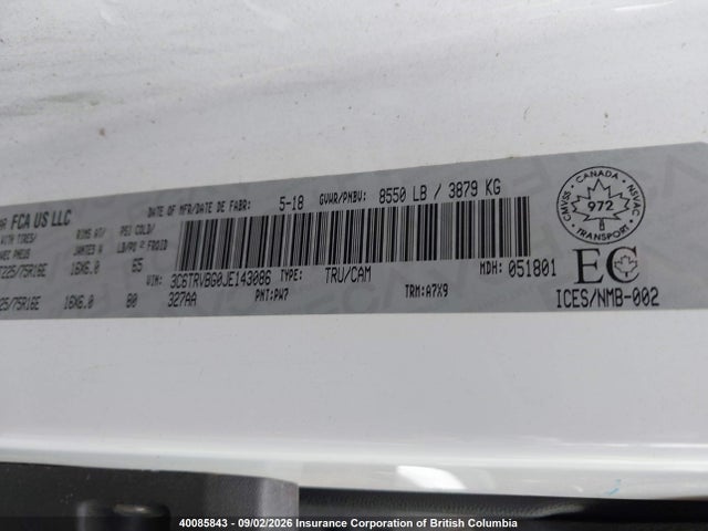 40085843 :رقم المزاد ، 3C6TRVBG0JE143086 vin ، 2018 Ram Promaster 1500 1500 High مزاد بيع